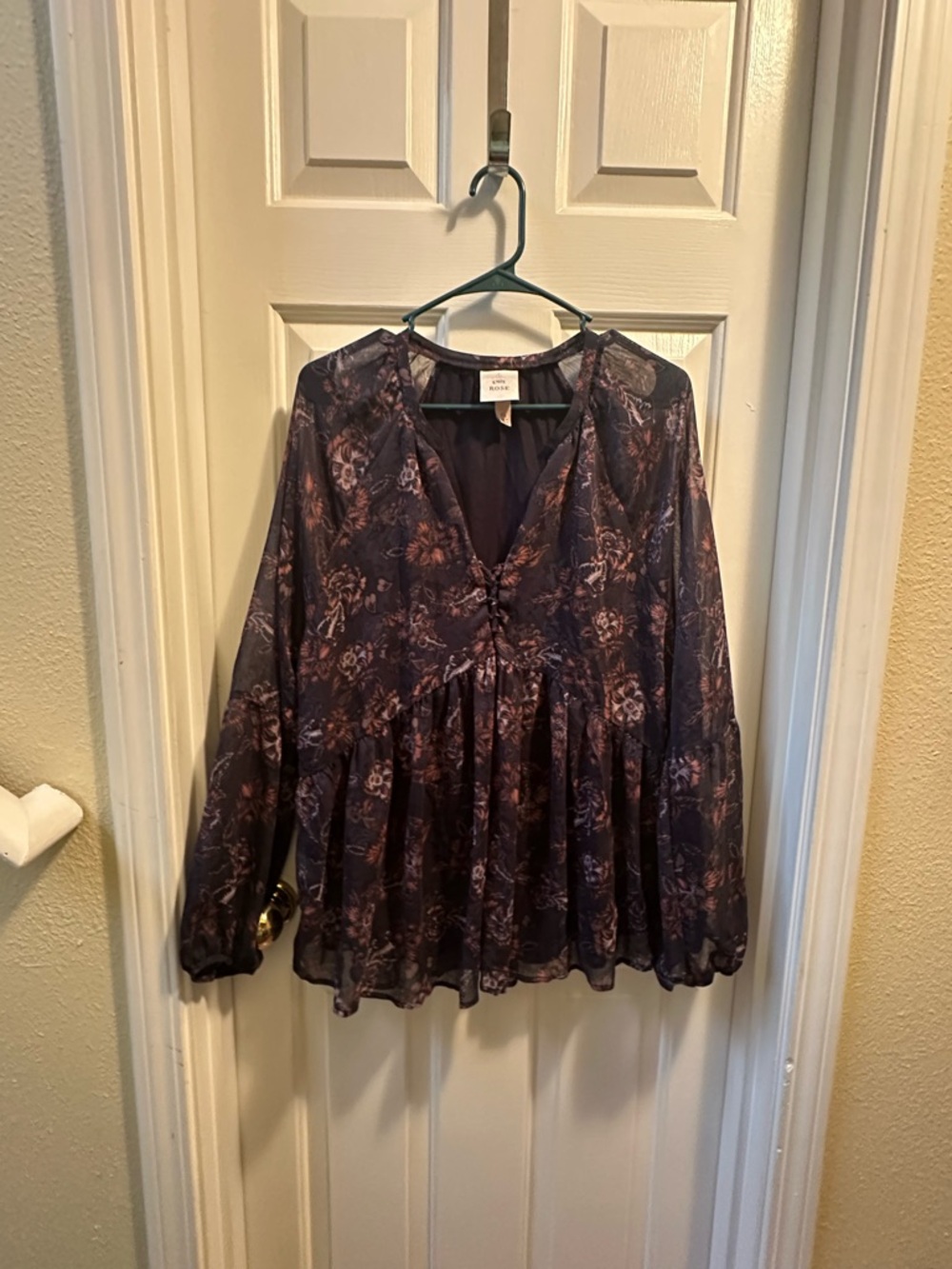 Knox Rose Dark Purple Floral Sheer Buttoned Peasant Blouse